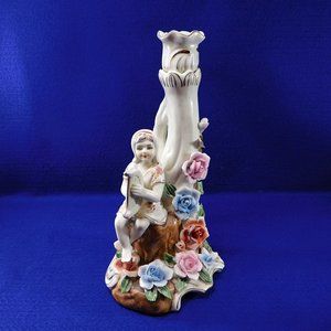 Vintage Large Figural Porcelain Candlestick Girl with Harp Flowers 11.5"